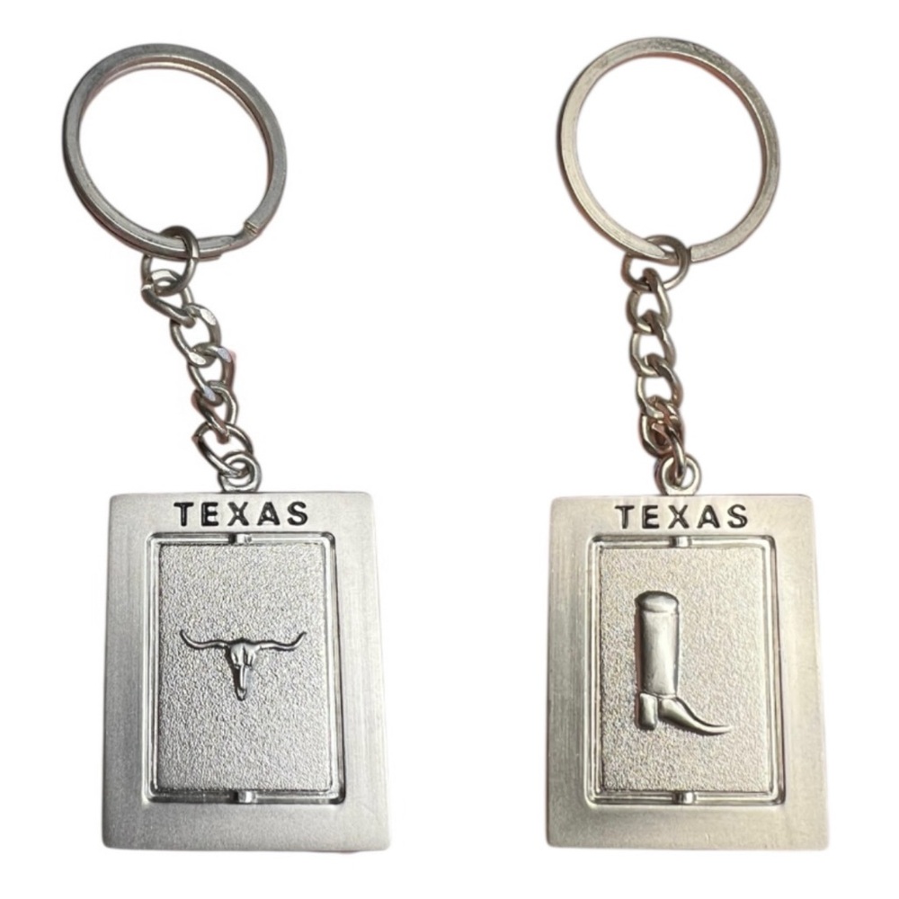 Texas Longhorn Silver Keychain- Longhorn on Front, Boot on Back